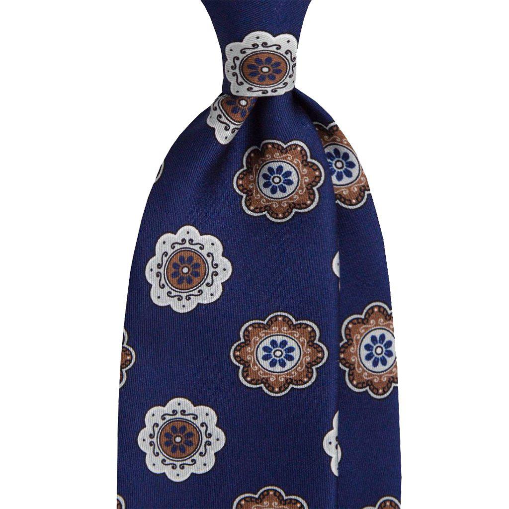 Mannergram - Navy White Brown Floral Printed Handmade Silk Tie - The Suitcase
