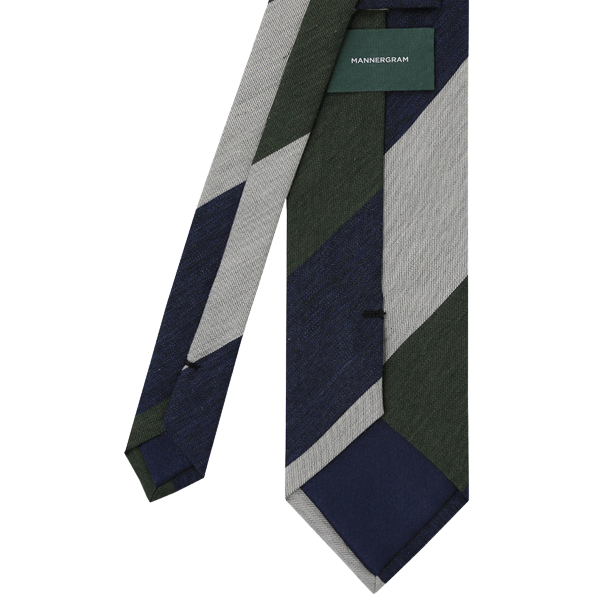 Mannergram - Navy Olive Grey Stripe Silk Tie - 3 Fold - The Suitcase
