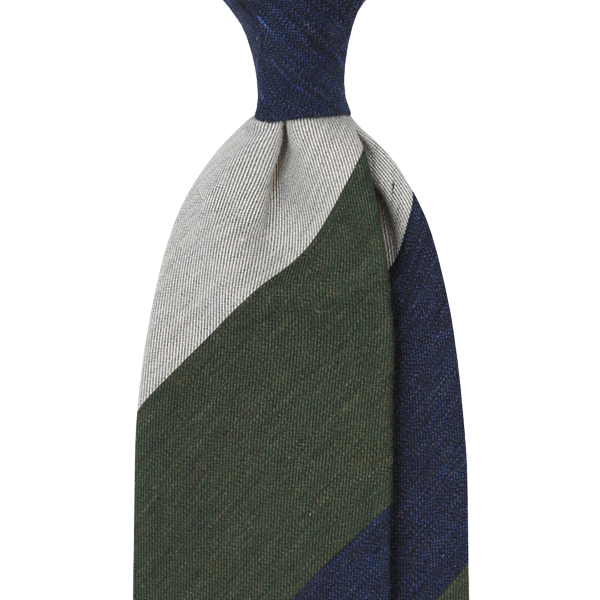 Mannergram - Navy Olive Grey Stripe Silk Tie - 3 Fold - The Suitcase