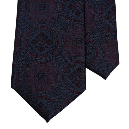 Mannergram - Navy Wine Arabesque Pattern Silk Tie - 3 Fold - The Suitcase