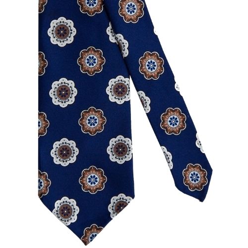 Mannergram - Navy White Brown Floral Printed Handmade Silk Tie - The Suitcase