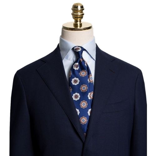 Mannergram - Navy White Brown Floral Printed Handmade Silk Tie - The Suitcase